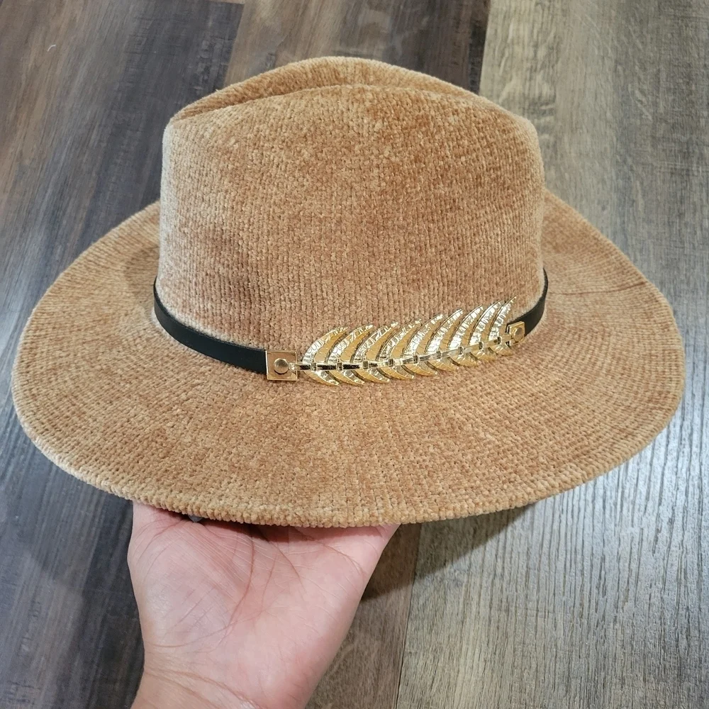 Brown Corduroy Women's Hat with Gold Leaf Accent